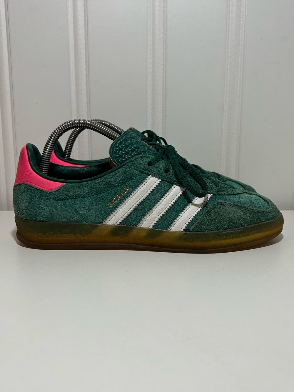 adidas gazelle indoor collegiate Green Suede Sneakers with Pink gum sole